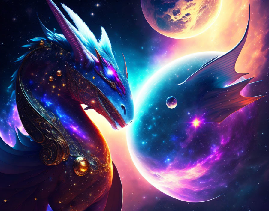 Celestial dragon with gold and white horns in vibrant space scene