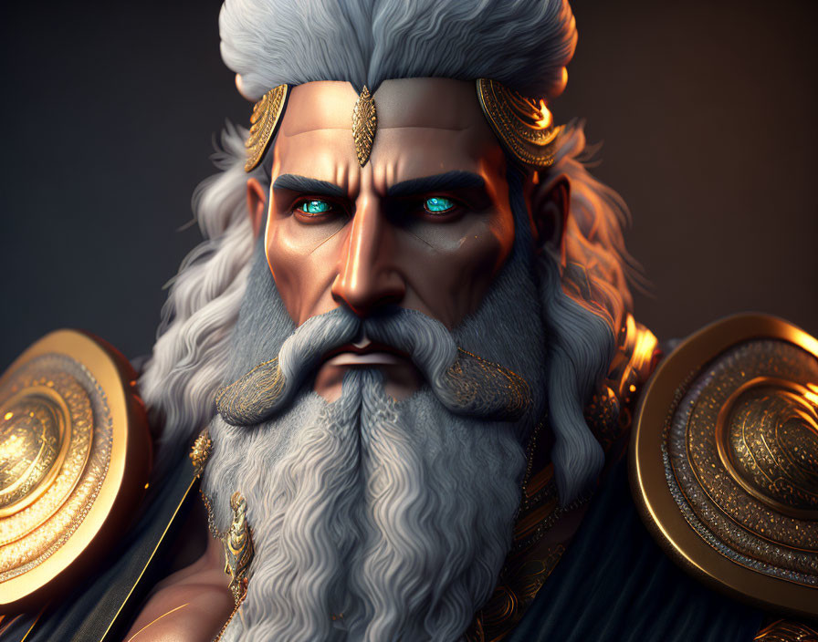 Regal man with white beard and blue eyes in gold accessories