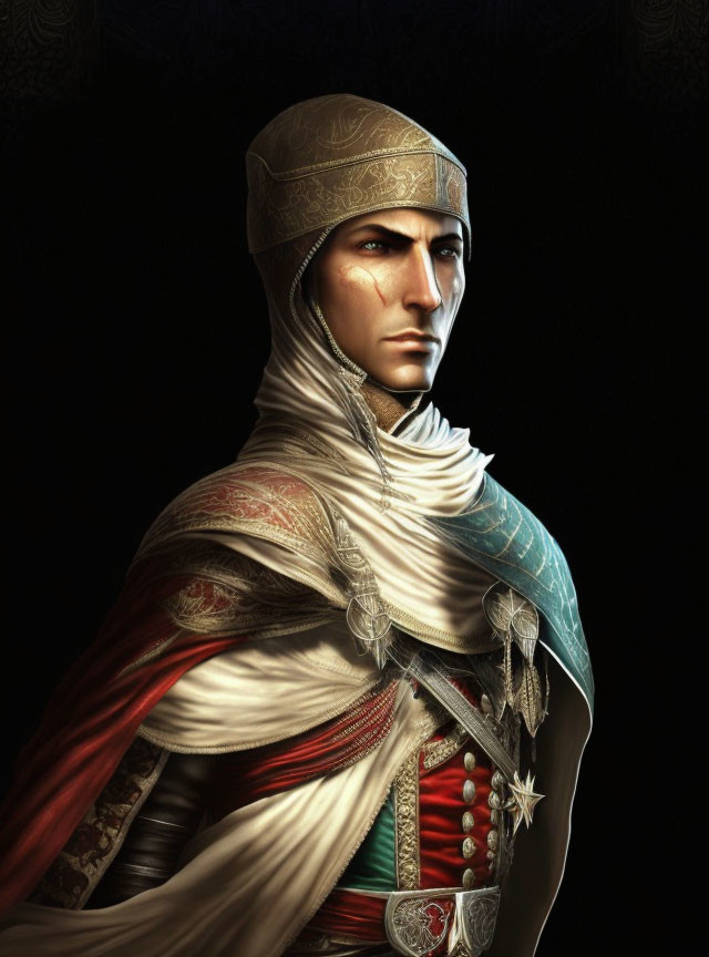 Man in Crusader-Era Attire with Intense Gaze