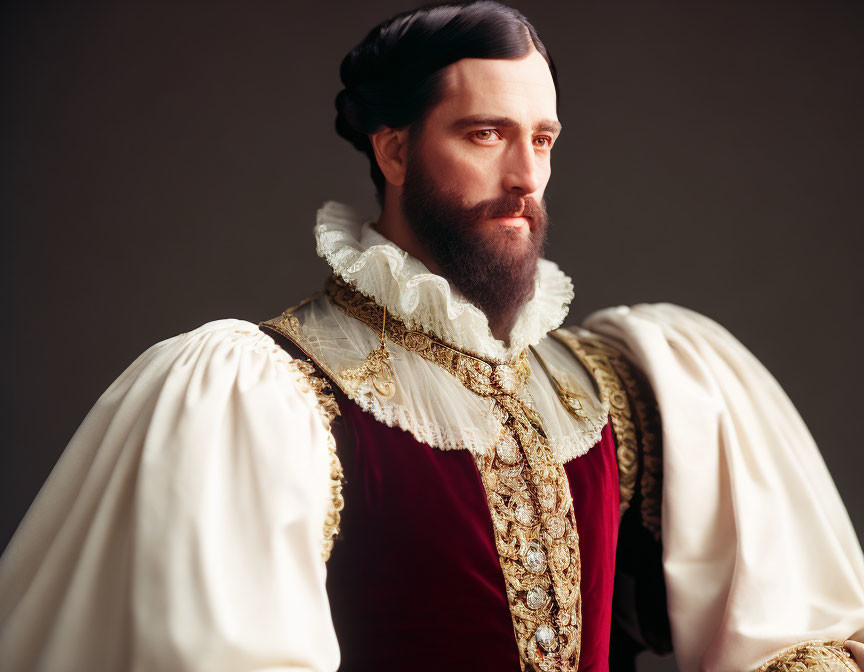 Historical man in white ruffled collar and velvet coat with gold embroidery.