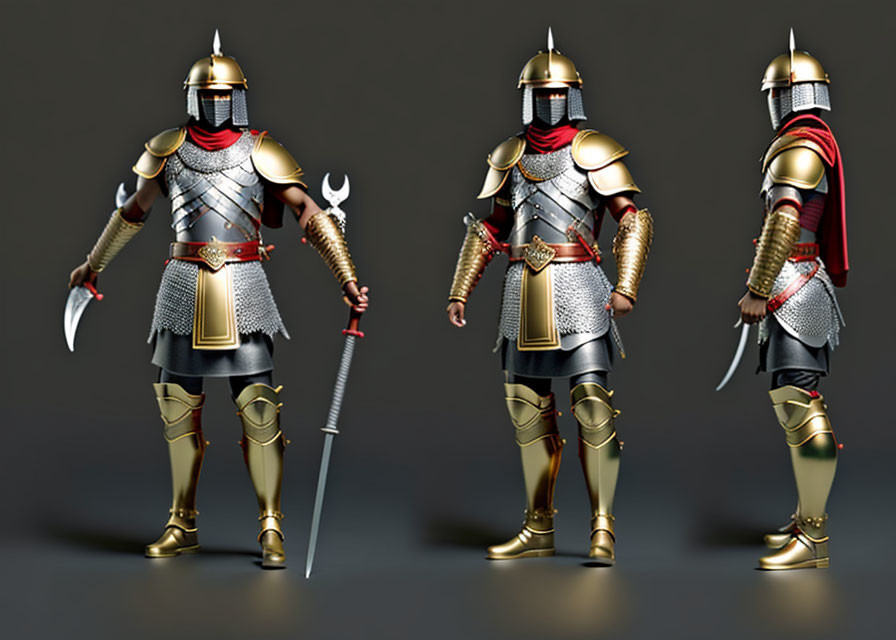 Medieval knight in ornate armor with sword and axe, three views.