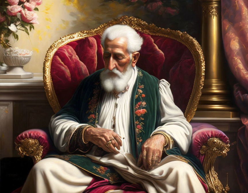 Elderly man in green and gold robe on red velvet throne