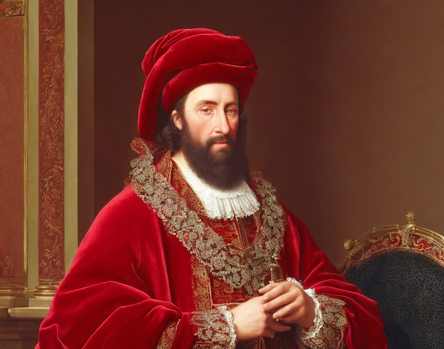 Bearded man in red velvet hat and robe with lace collar holding gold object beside ornate chair