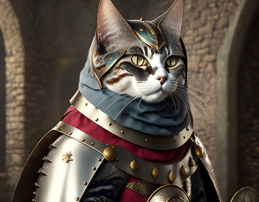 Detailed Illustration: Cat in Medieval Armor with Yellow Eyes