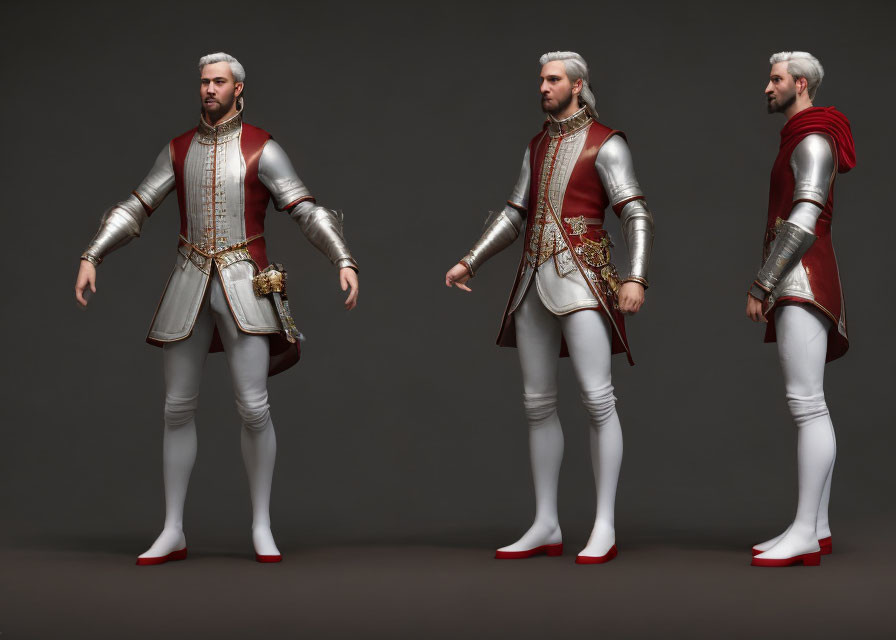 Three 3D Renaissance Man Model Renders on Grey Background