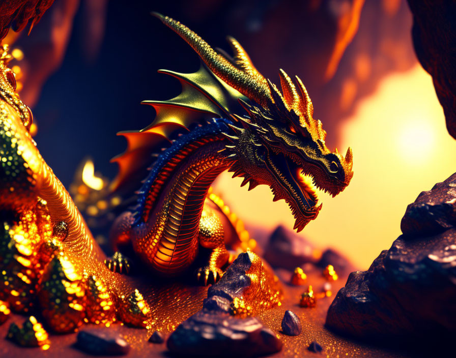 Golden-scaled dragon on treasure in fiery landscape