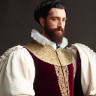 Historical man in white ruffled collar and velvet coat with gold embroidery.