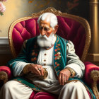 Elderly man in green and gold robe on red velvet throne