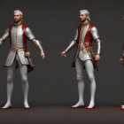 3D model in red and silver armor with cape, sash, and sword poses