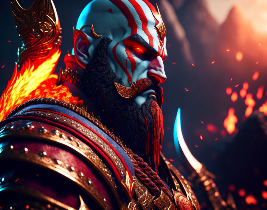 Warrior digital artwork with blue and red face paint, fiery shoulder armor, and golden helmet against fiery