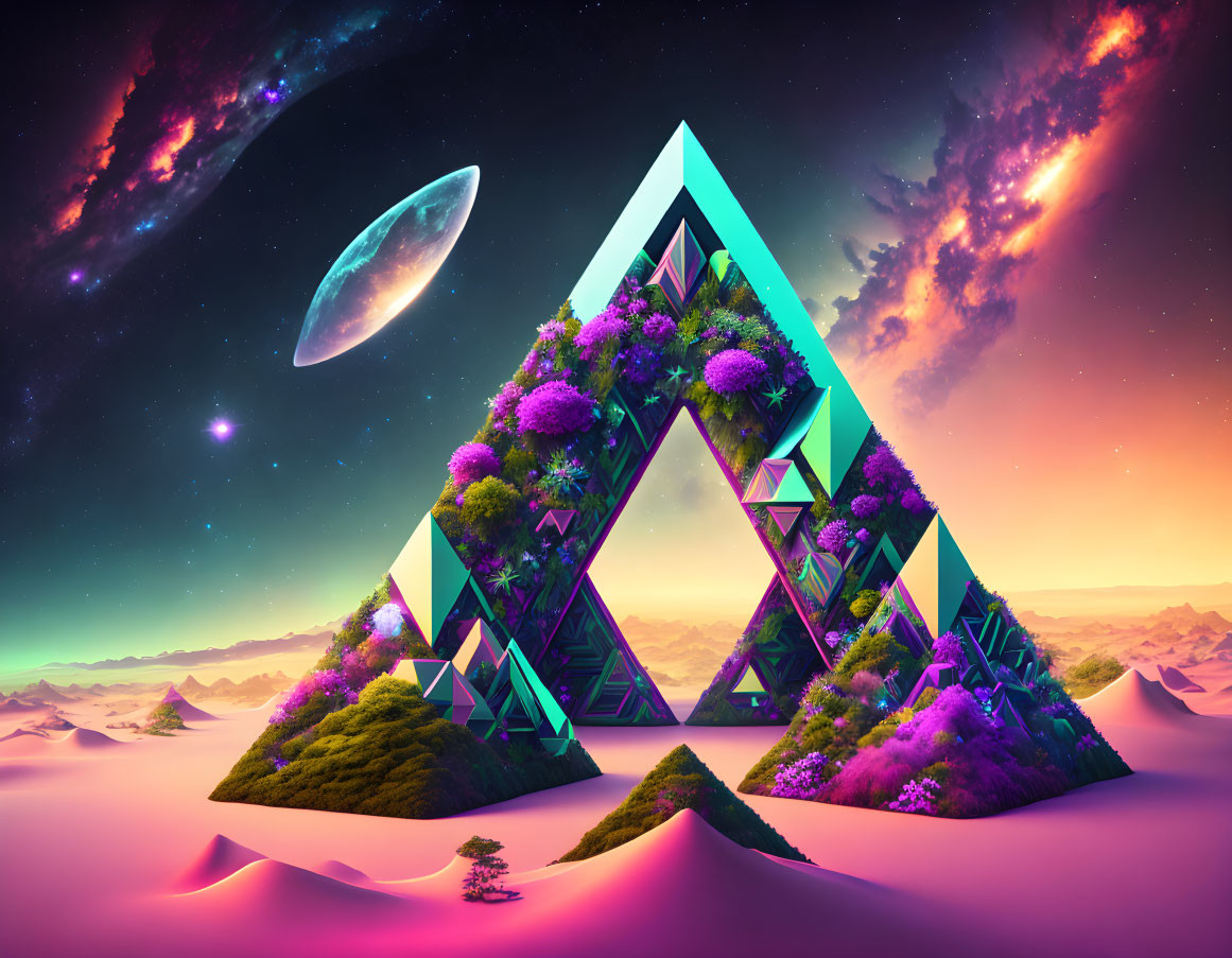 Surreal landscape with geometric structure, lush greenery, purple sky, mountains, alien planet,