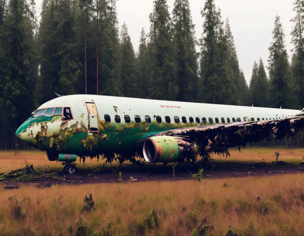 Abandoned airplane covered in moss and rust in wooded area