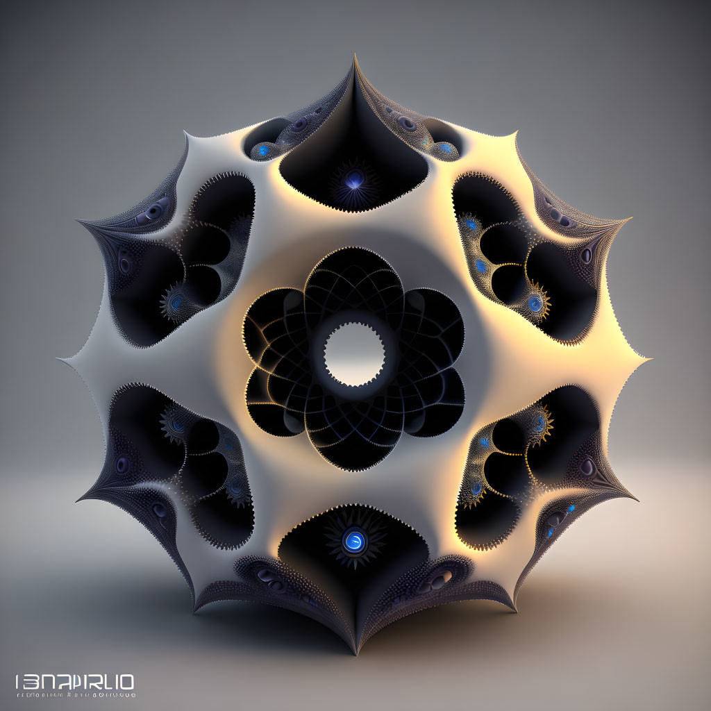 Symmetrical 3D fractal object with star and floral patterns in white, dark shades, and