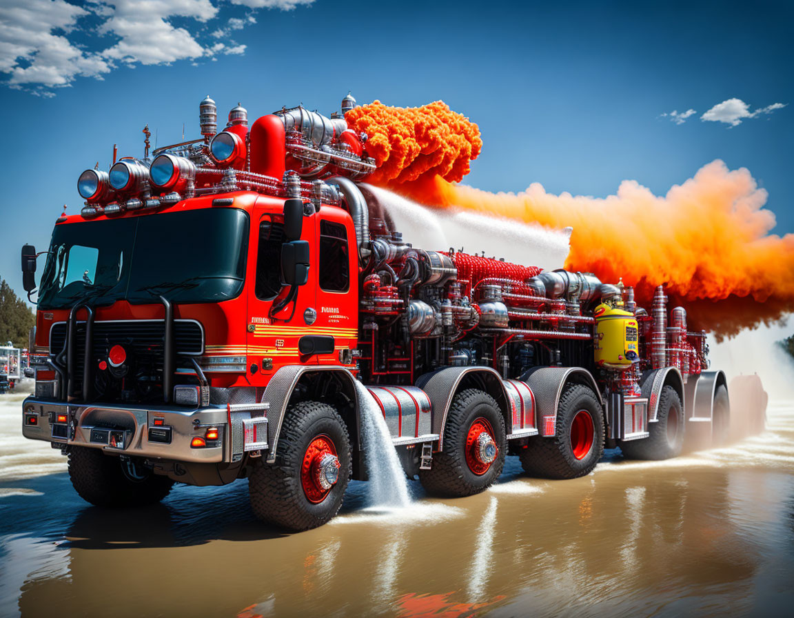 Futuristic firefighting vehicle with multiple hoses and flame effect