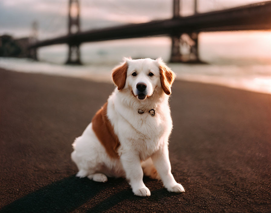 Fluffy white and tan dog on path with bridge at sunset