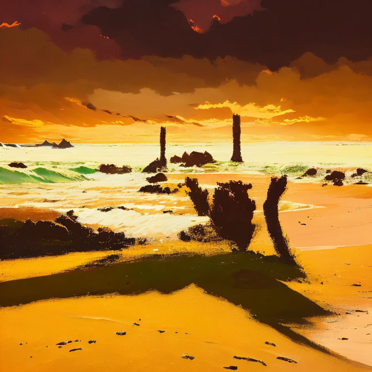 Scenic beach sunset painting with golden skies and rock silhouettes