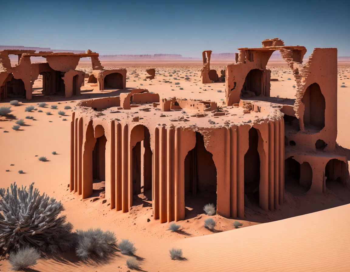 Desert landscape with ancient ruins and columnar structures