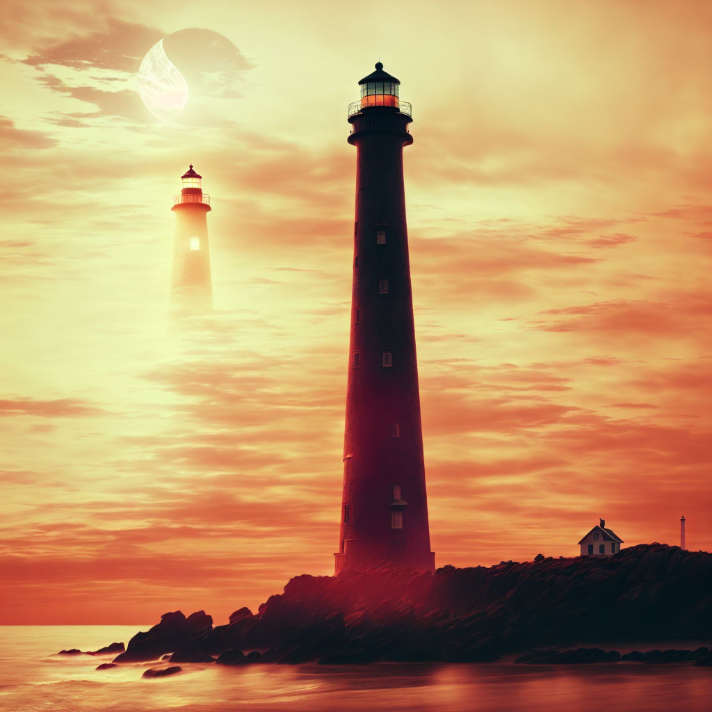 Rugged coast with two lighthouses under surreal sunset and ethereal moon