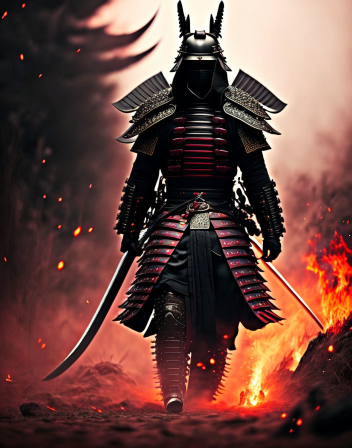 Japanese Samurai Armor Figure with Sword in Fiery Battlefield