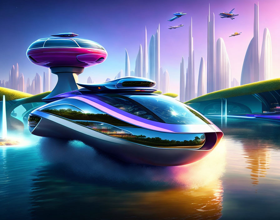 Futuristic cityscape with flying car above water and high-tech towers