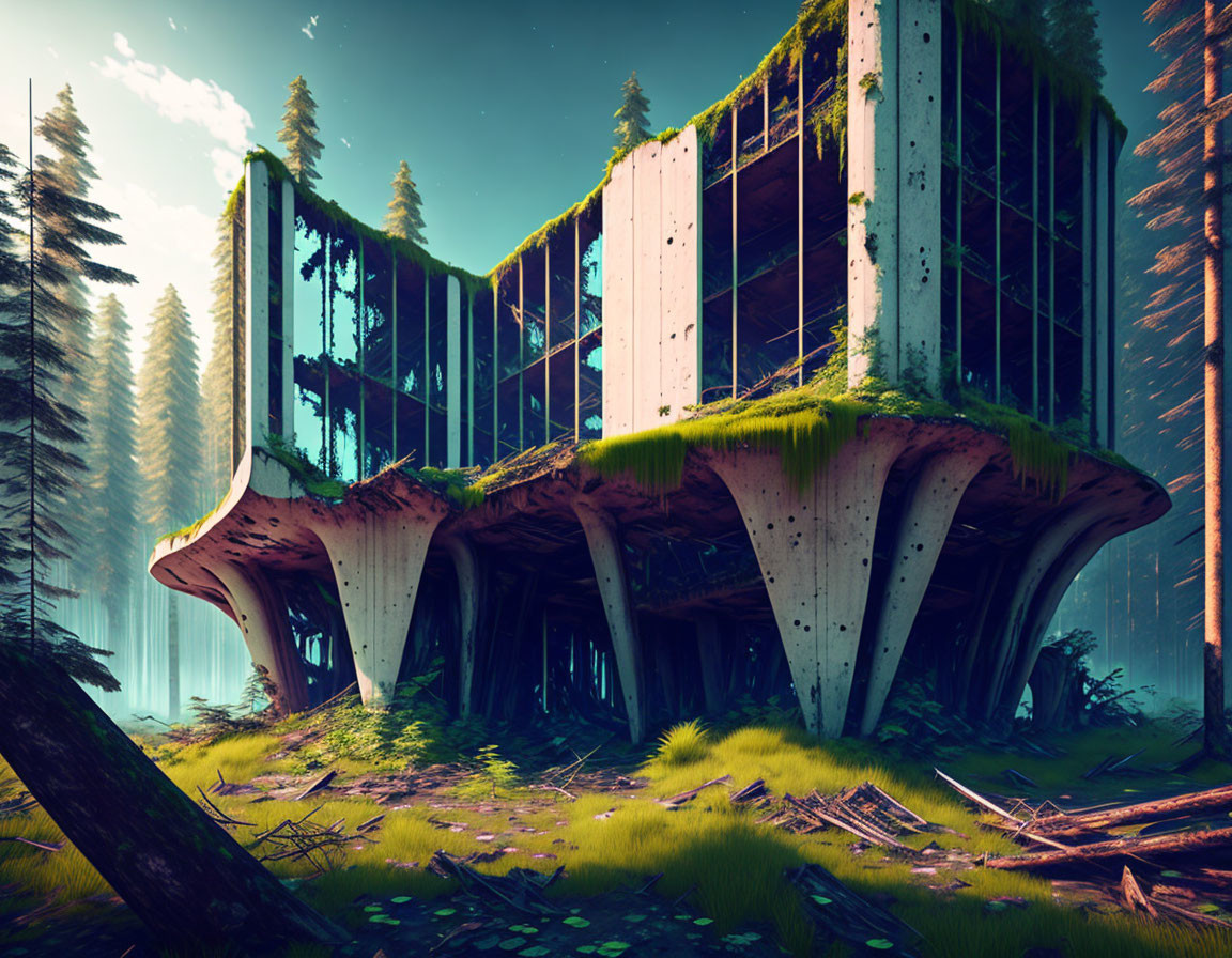 Abandoned futuristic building in forest with overgrown vegetation at sunset