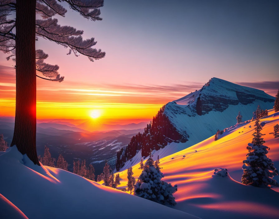 Colorful Sunset Silhouettes Snowy Mountain Landscape