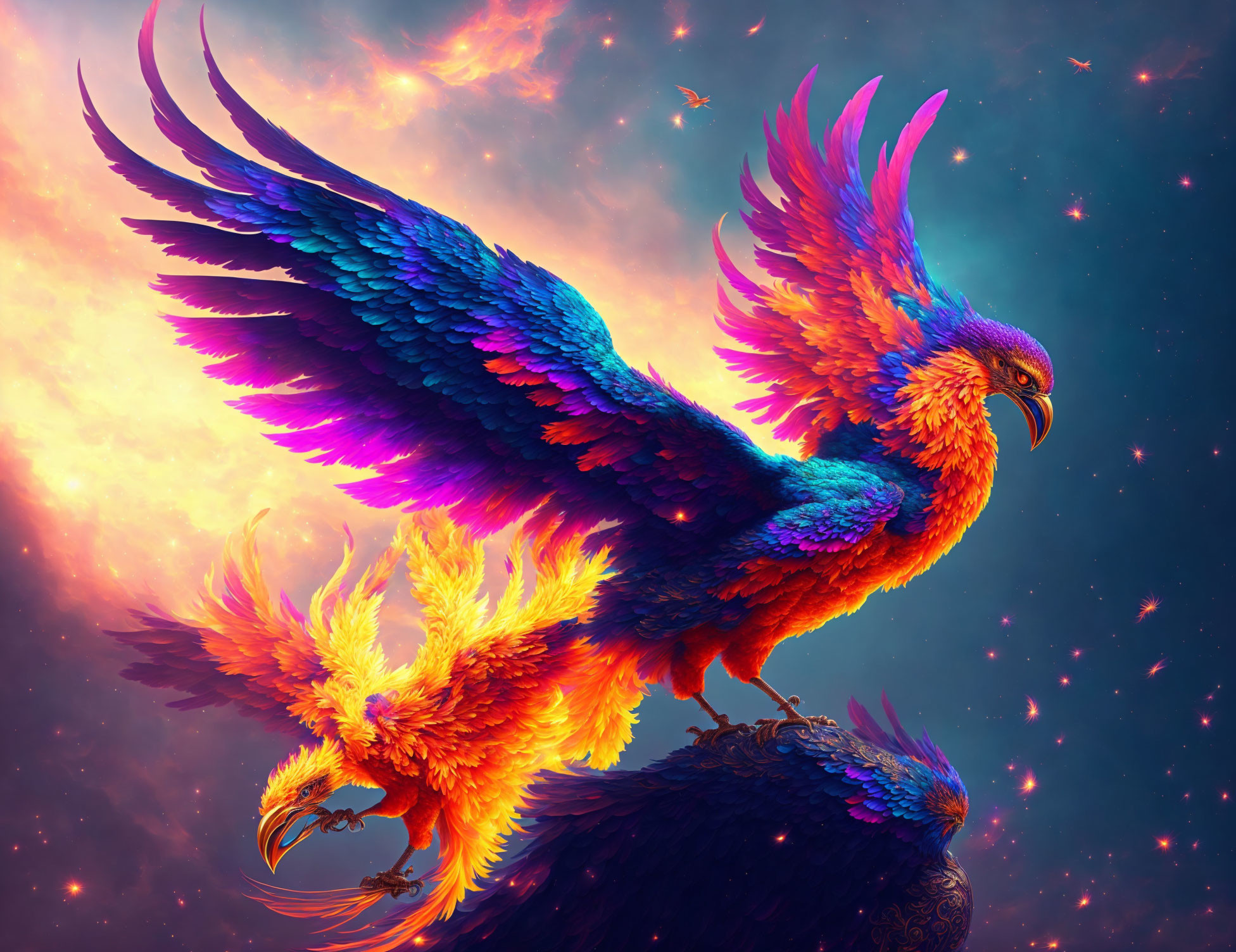 Mythical phoenixes digital artwork with fiery plumage