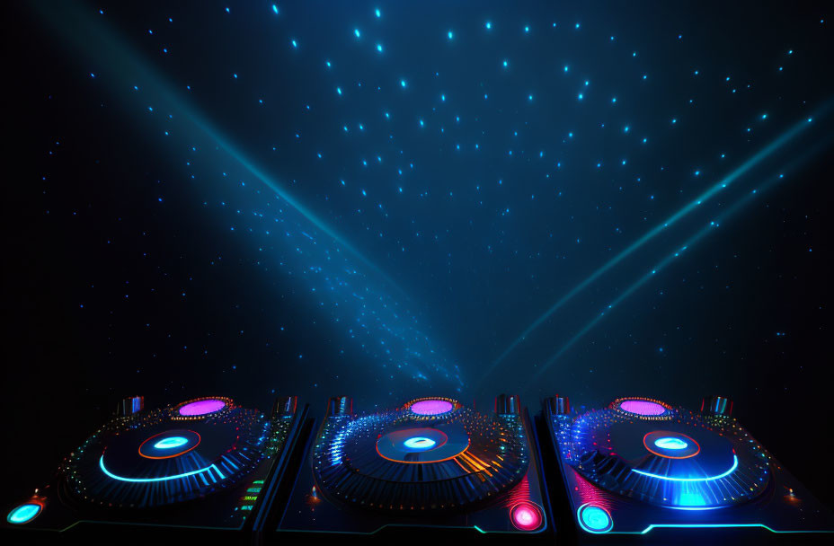 Vibrant DJ Setup with Illuminated Turntables and Starry Night Sky