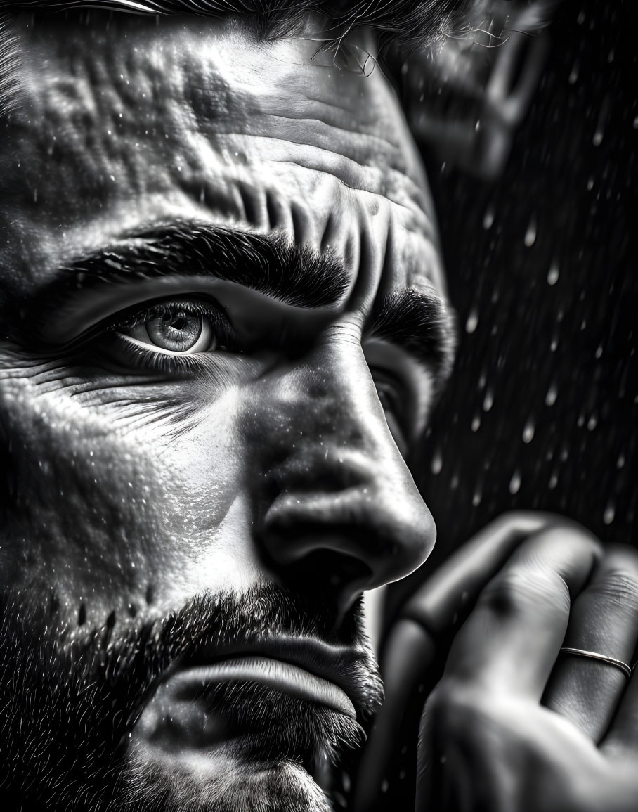 Monochrome close-up of a contemplative man with intense eyes, furrowed brow, and beard