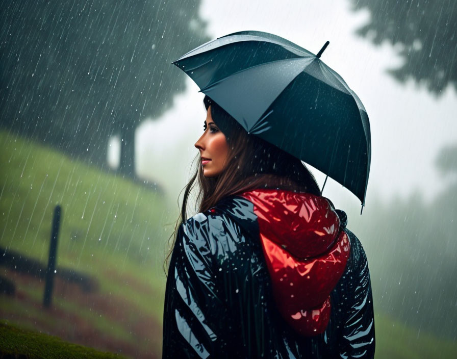 Woman with Black Umbrella in Rainy Landscape on Misty Day