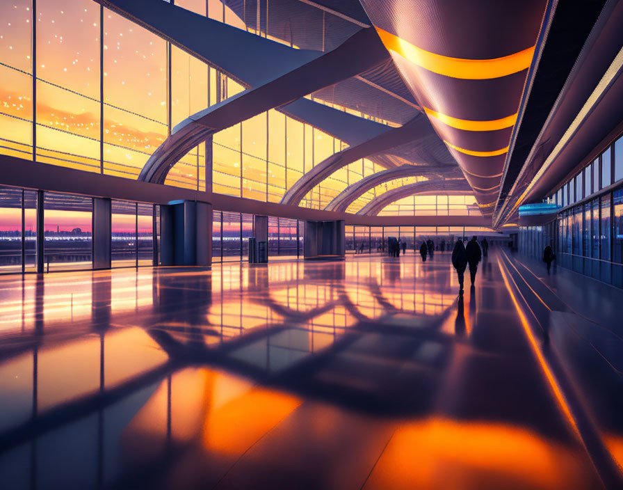 Vibrant purple sunset in modern airport terminal