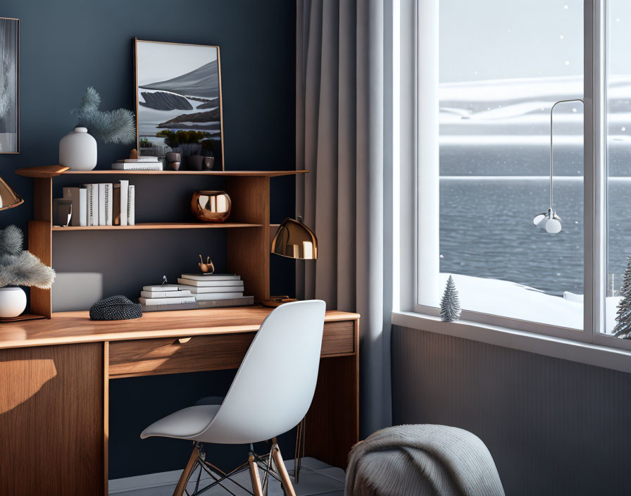 Wooden desk, modern chair, bookshelves, picture frame, snowy landscape view.