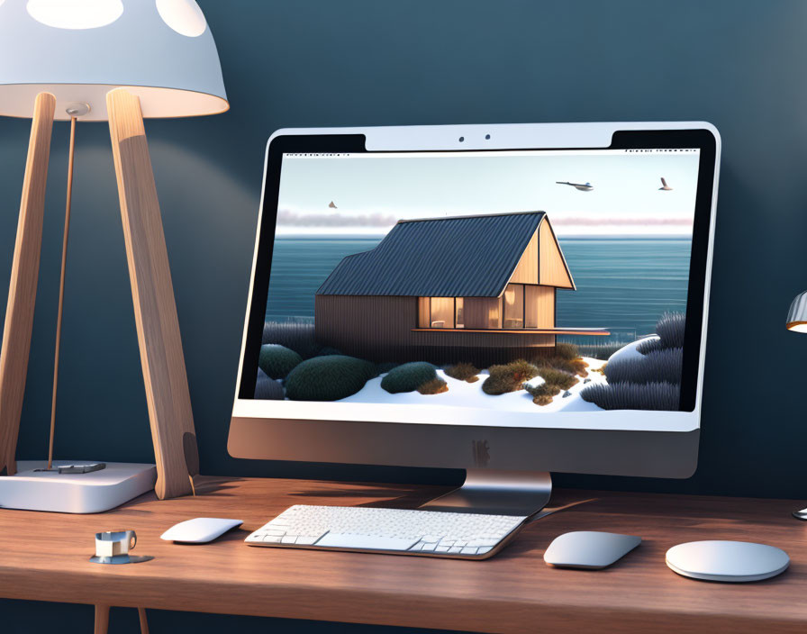 Computer Desk Wallpaper: Cozy House in Snowy Landscape with Birds and Sea at Dusk