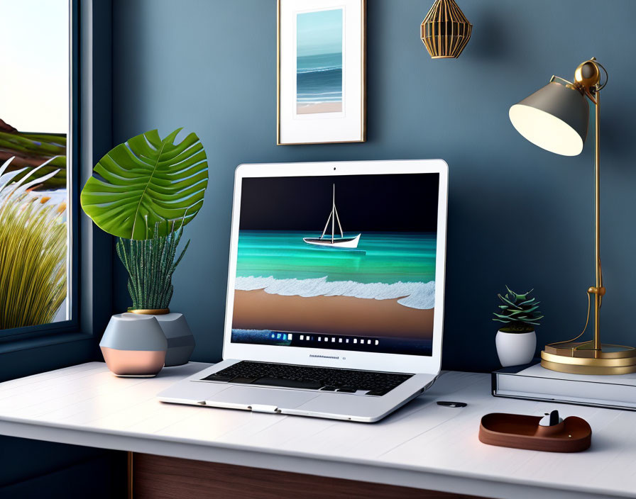 Organized desk with laptop, beach wallpaper, potted plant, lamp, and framed art