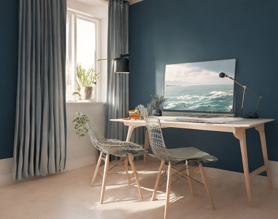 Stylish home office with ocean painting and natural light