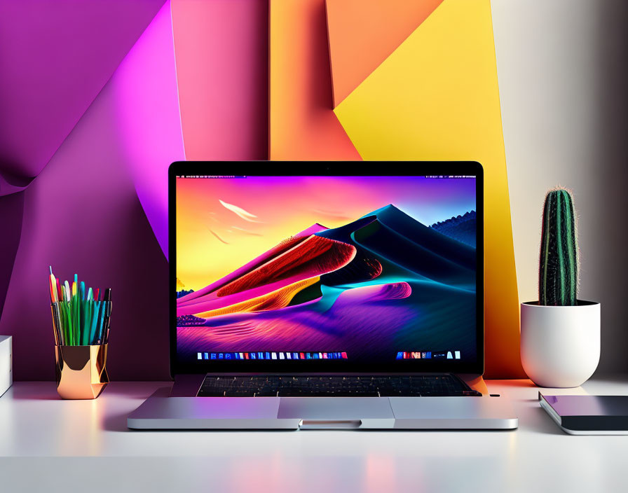 Colorful Desk Setup with Laptop, Cactus, and Pencils