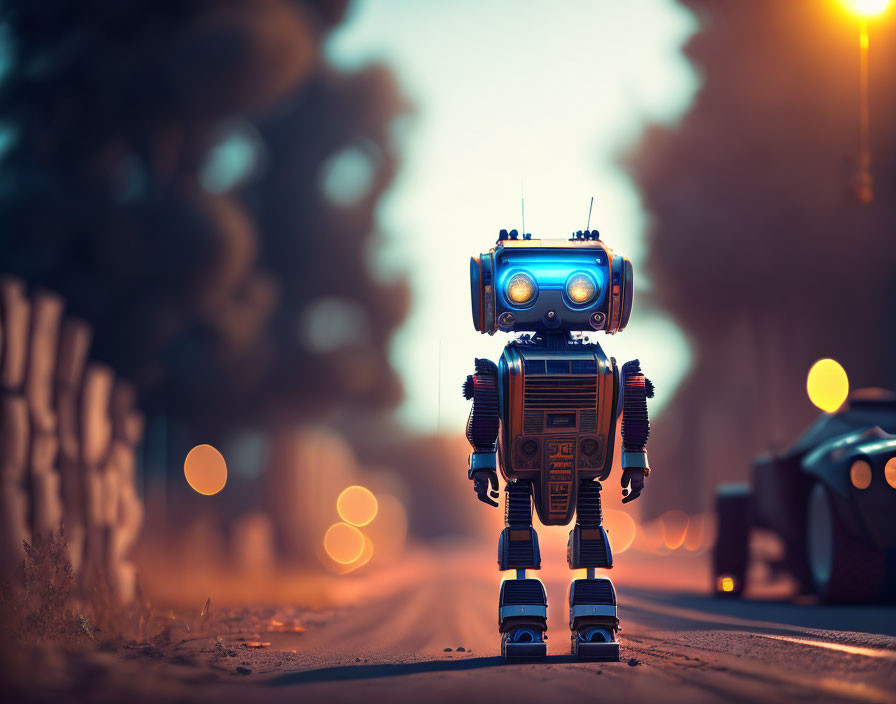 Toy robot with illuminated blue eyes in center of road at dusk with blurry lights and car in background.