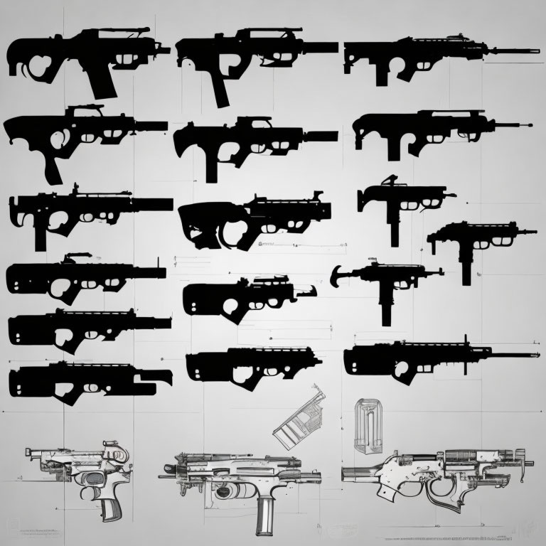 Assortment of Gun Silhouettes on Light Background