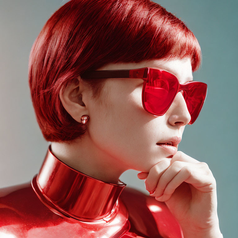 Vibrant red-haired person in matching red outfit and sunglasses posing thoughtfully