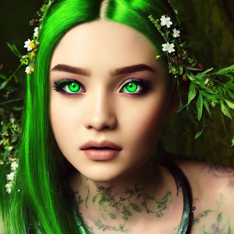 Person with Bright Green Hair, White Flowers, Green Eyes, and Tattoos