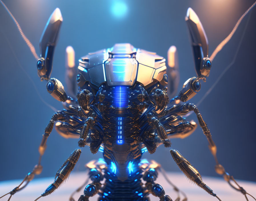 Detailed 3D Mechanical Spider with Blue Illumination on Gradient Background