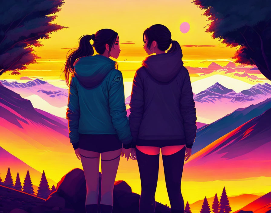 Couple holding hands at colorful sunset over mountains