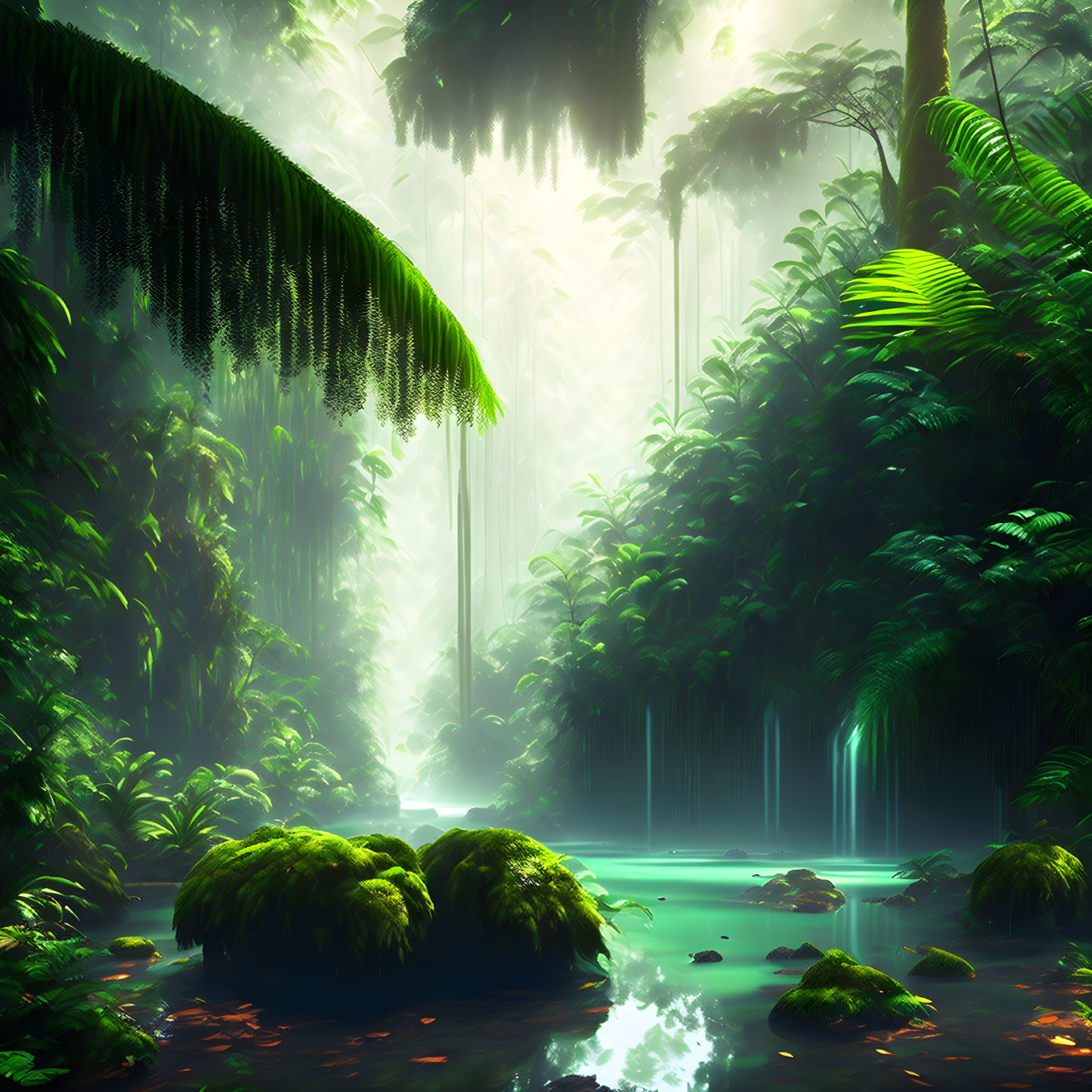 Serene Pond in Mystical Green Forest