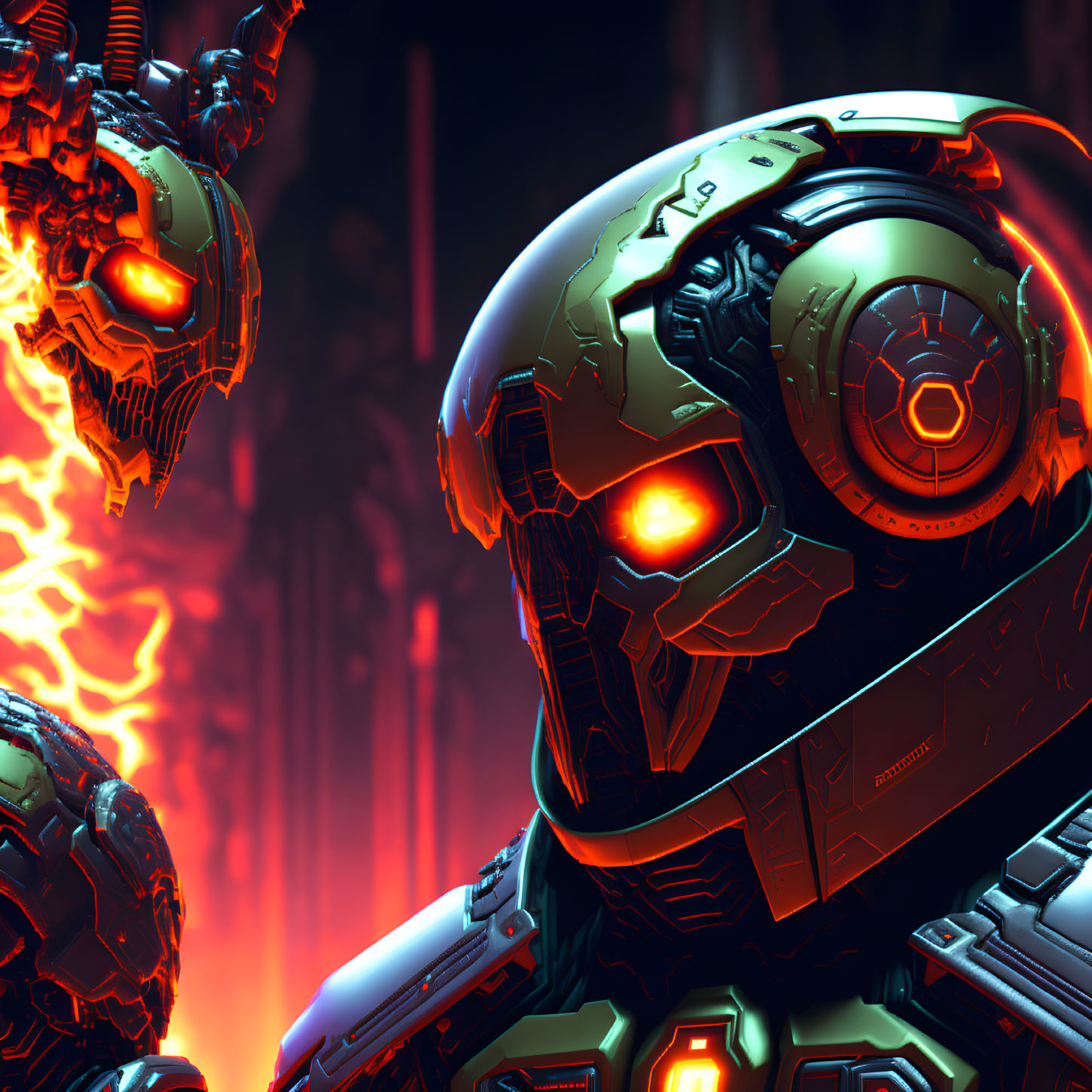 Armored robots with glowing eyes in fiery industrial setting