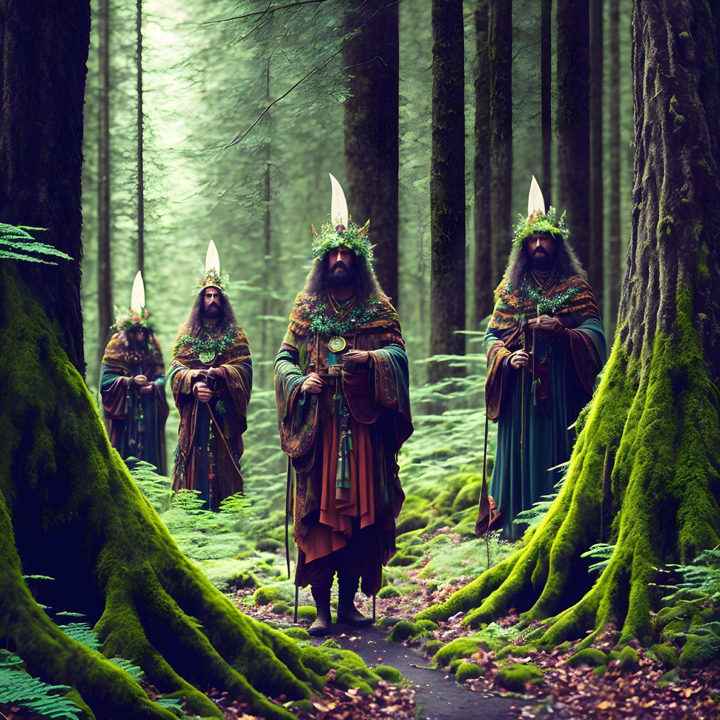 Three individuals in ornate animal-themed costumes in a mystical forest