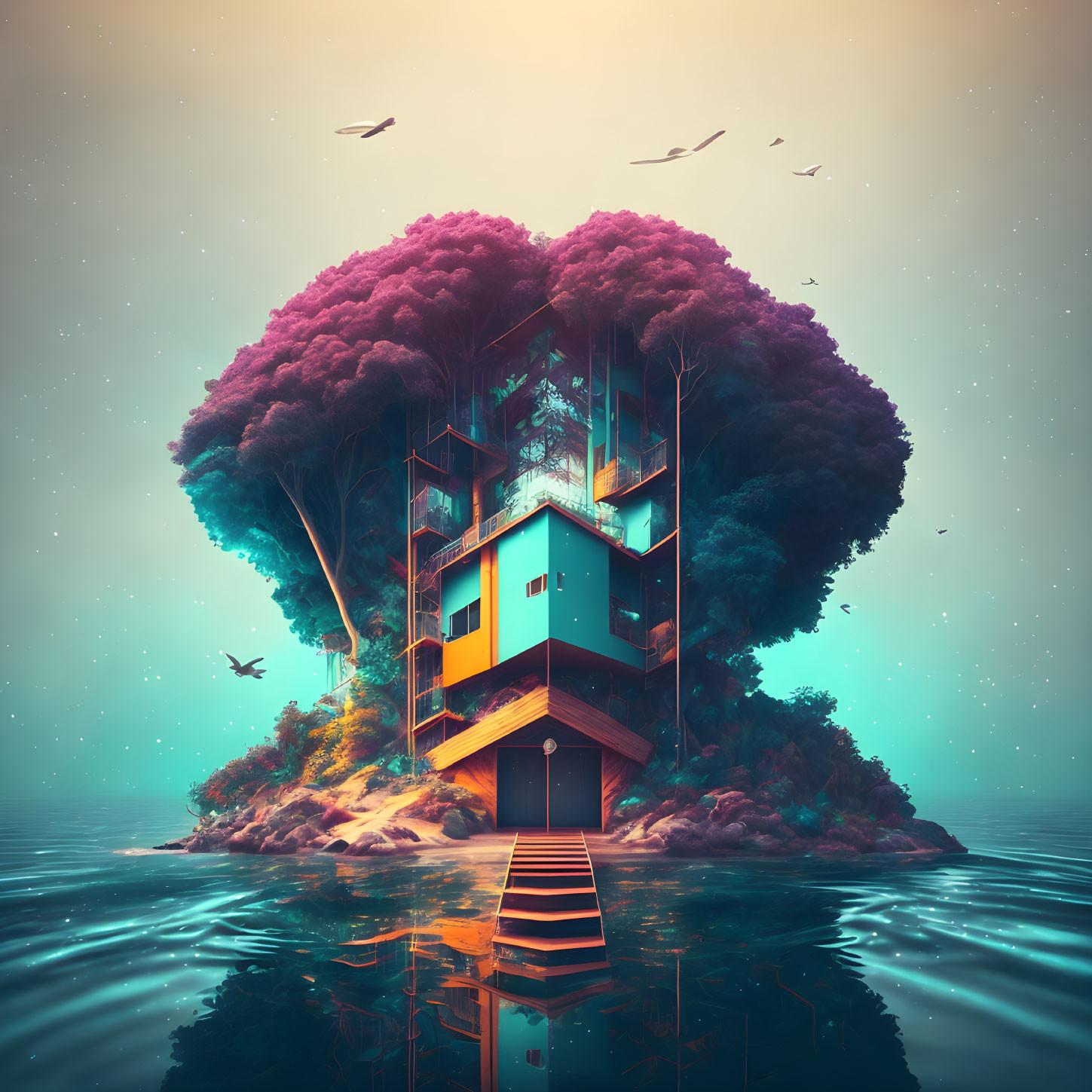 Surreal image of modern house in oversized tree on island at dusk