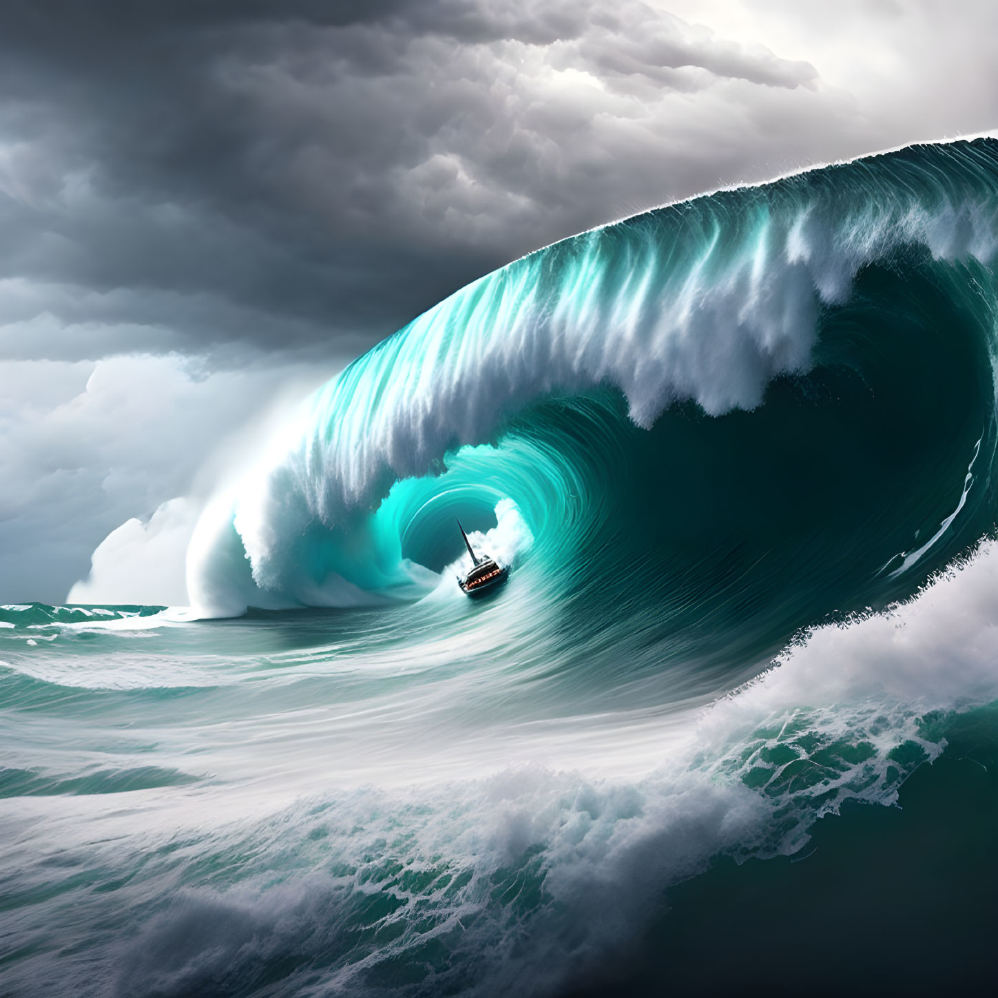 Boat engulfed by massive wave in stormy sky