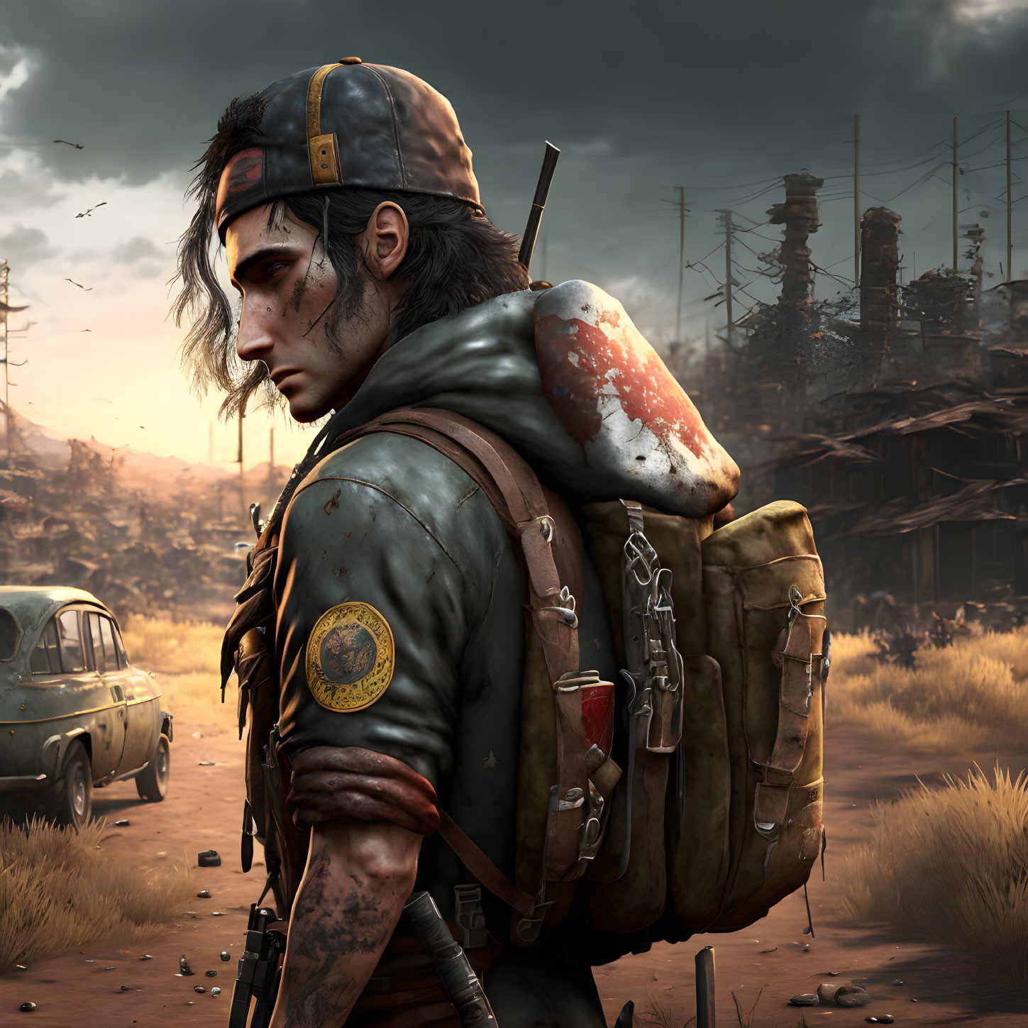 Traveler with backpack and weapons in post-apocalyptic landscape at sunset