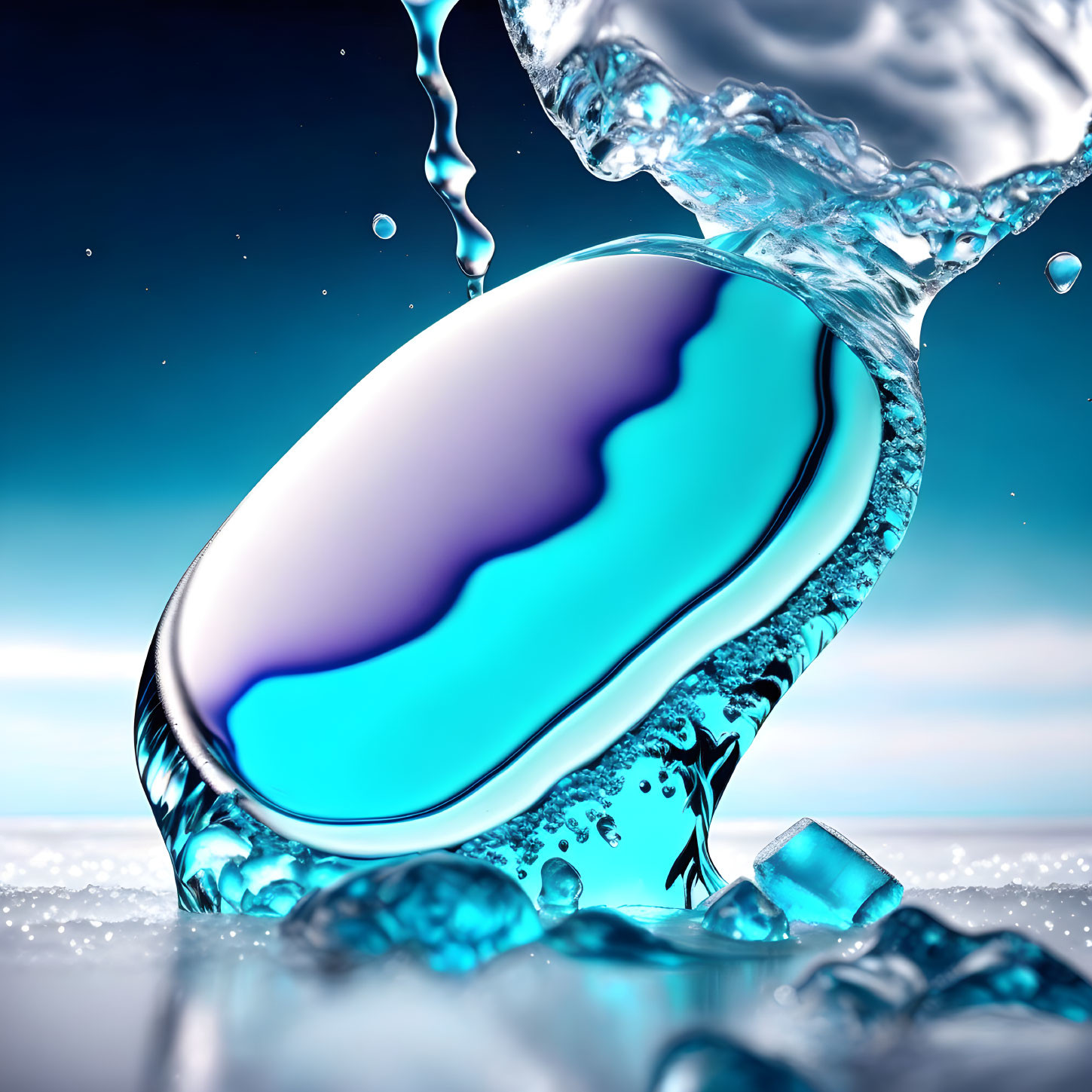 Abstract digital artwork: Glass stone with water splashes and ice cubes on blue surface