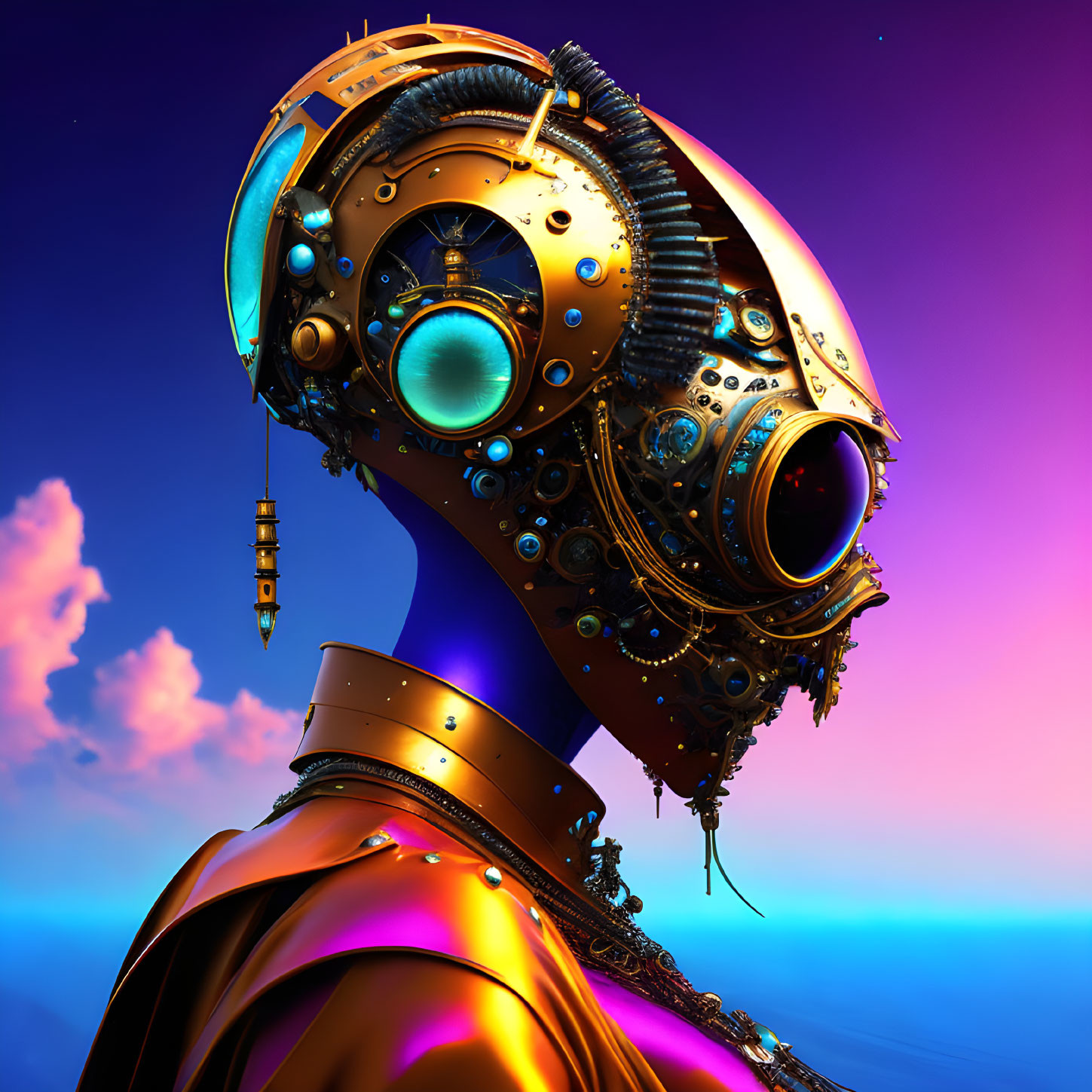 Detailed Steampunk Robotic Head with Gears and Pipes on Colorful Sky